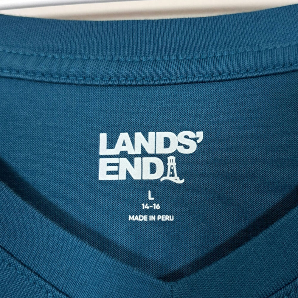 Lands' End Long Sleeve Teal 100% Cotton V Neck Shirt Women's Large - Picture 3 of 5